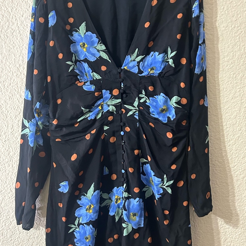 Free People Black Long Sleeve Blue Floral County Cottage Core Dress Large Button - Picture 2 of 8